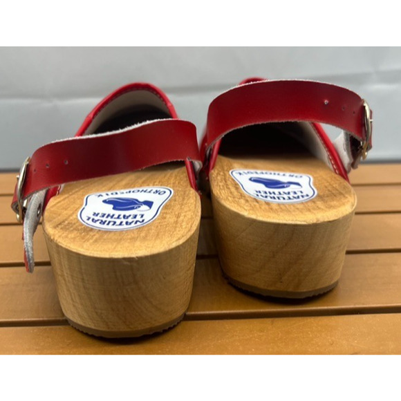 New Red ORTHOPEDIK Natural Leather Swedish Wood Clogs Mules 39 EU 8.5 US - Picture 6 of 9